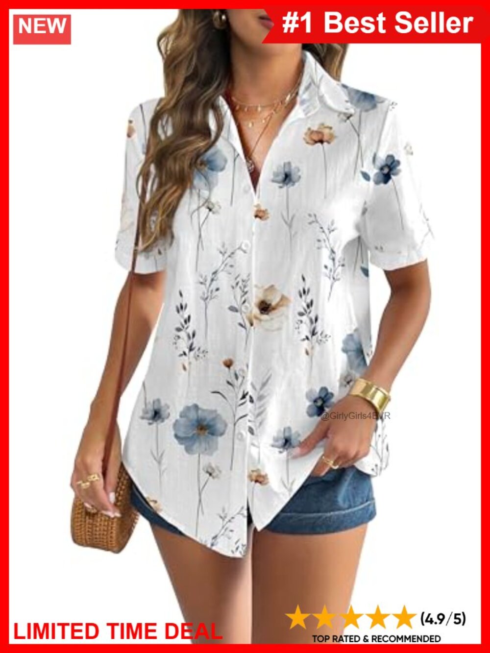 Cotton Linen Button Down Shirt Cuffed Short Sleeve V Neck Blouse